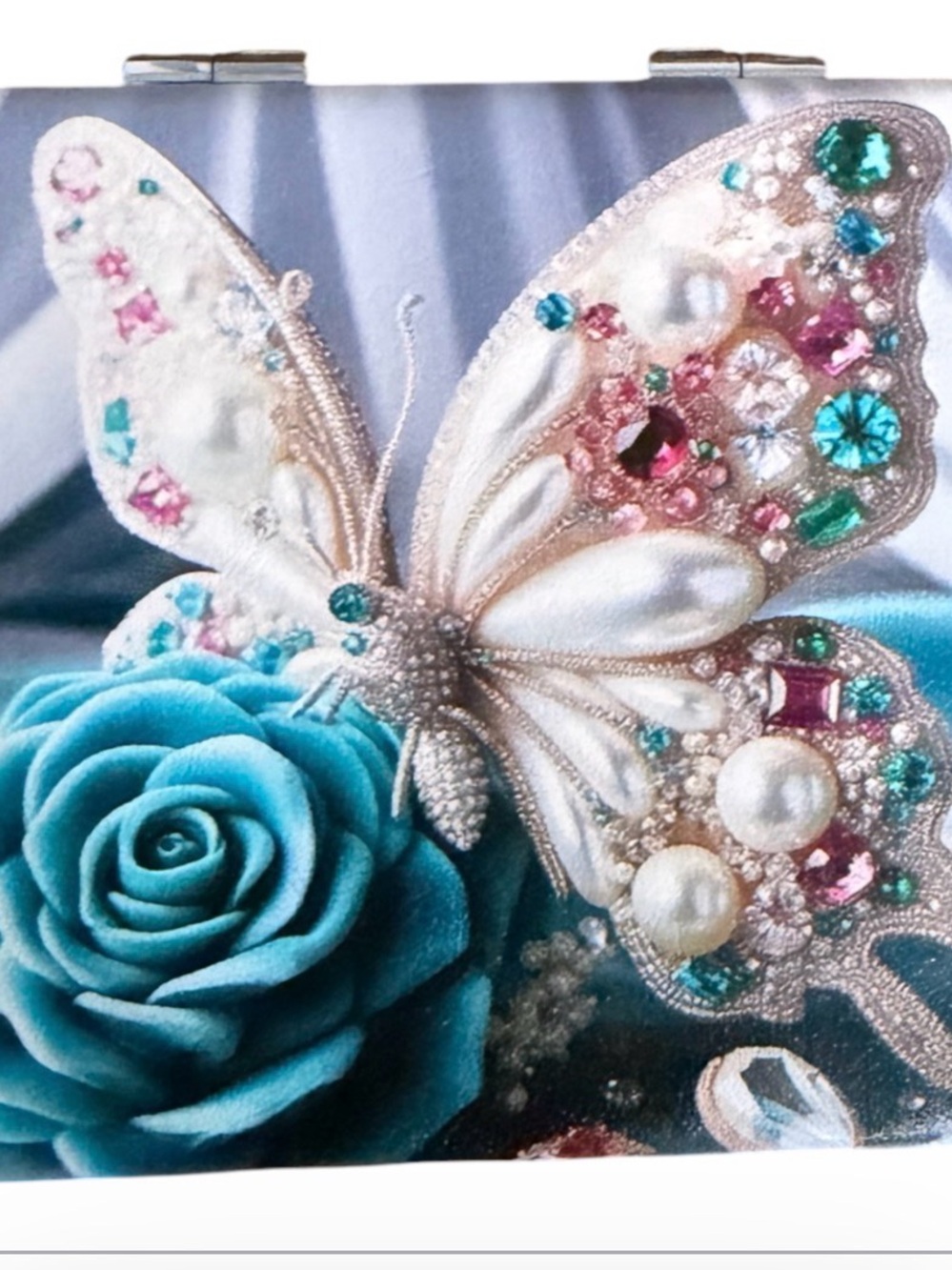 Compact Mirror Embellished Butterfly with Teal Rose Accent